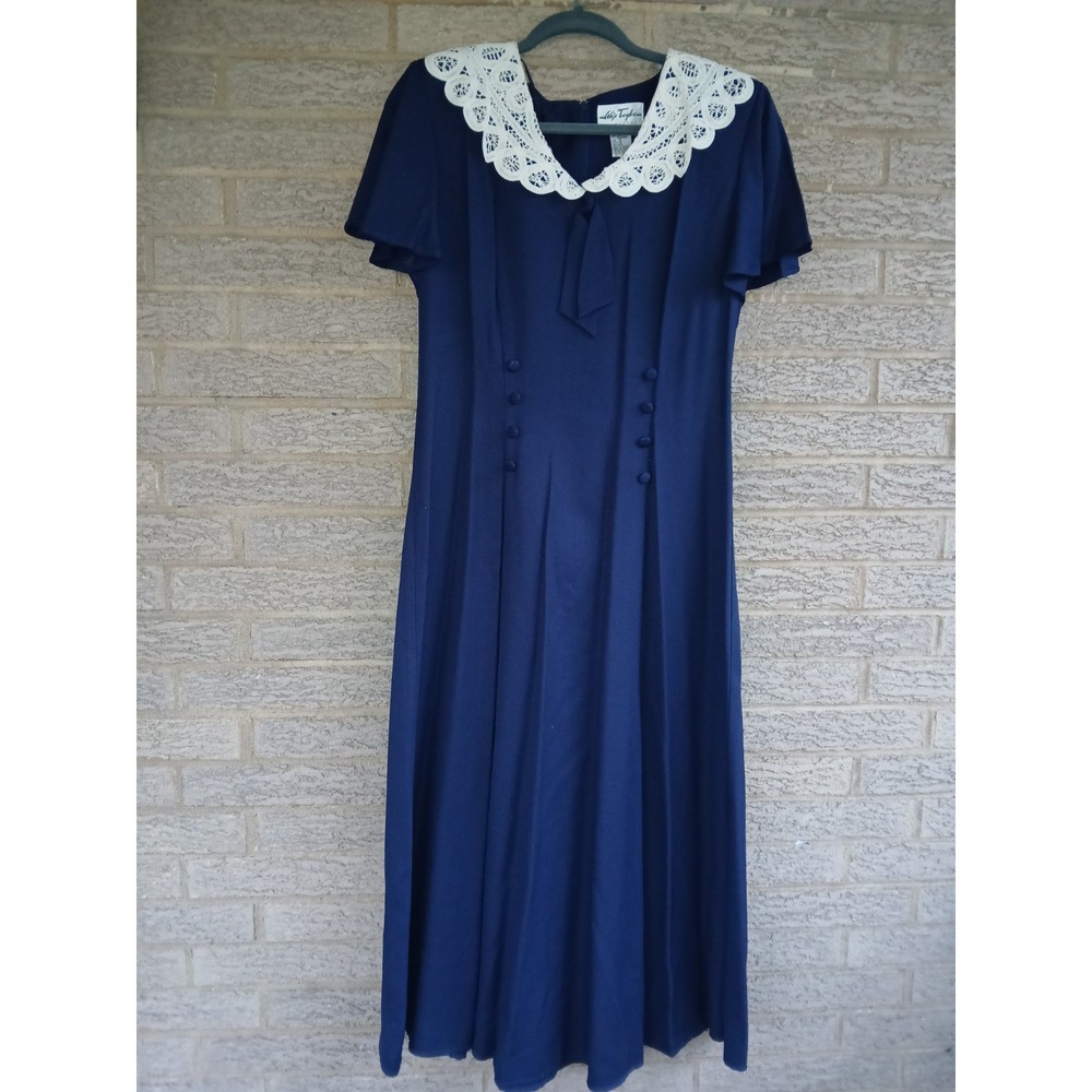 Vintage Navy Blue Prairie Maxi Dress Lace Collar Size 14 CottageCore